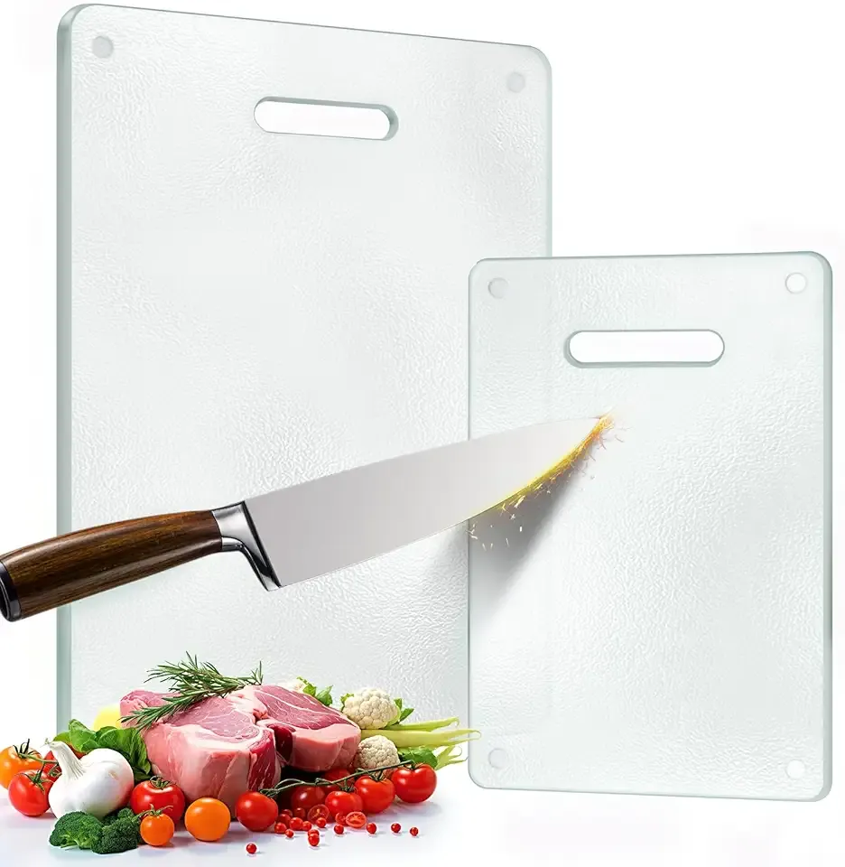 Tempered Glass Cutting Board for Kitchen, 2PCS Clear Chopping Board with Handle (16"x12" & 12"x8"), Plastic Free, Scratch Resistant, Heat Resistant, Dishwasher Safe, Non-toxic, Easy to Clean