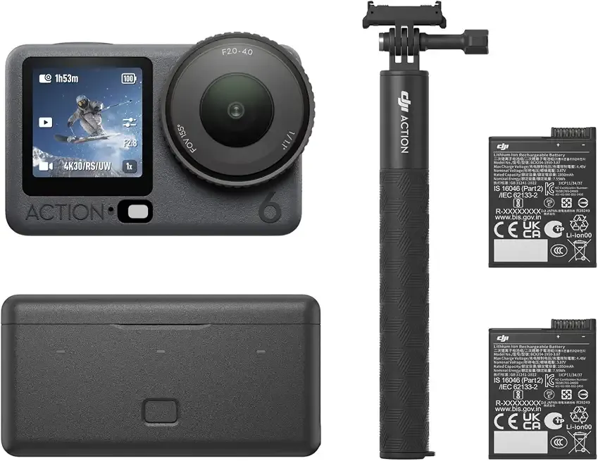 DJI Osmo Action 6 Enhanced Combo, 8K Waterproof Action Camera | 1/1.1" Square Sensor, Variable Aperture f/2.0–f/4.0, Extended Battery Life with 2 Batteries, 1.5m Extension Rod, Battery Case