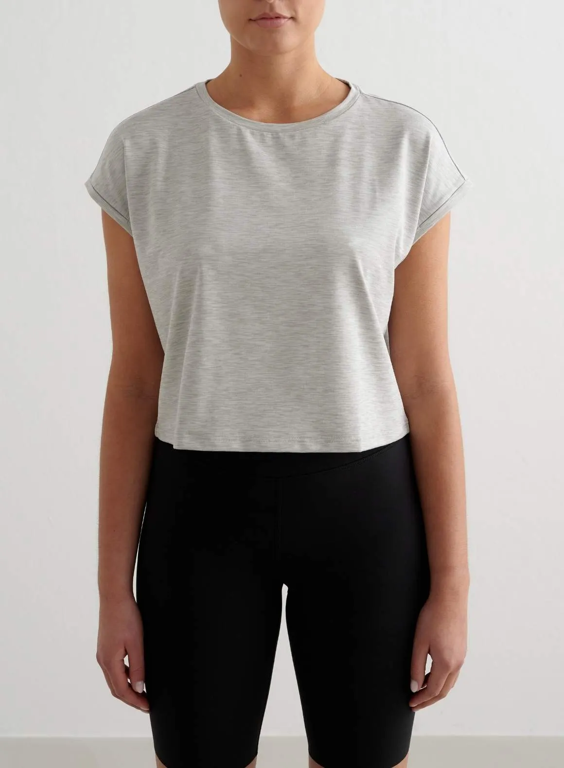 Grey Melange Soft Basic Roll Sleeve Top