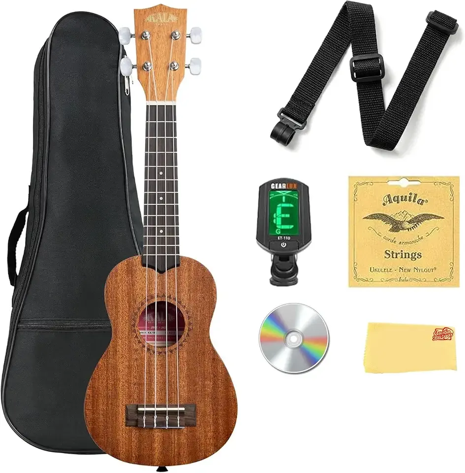 Kala KA-15S Satin Mahogany Soprano Ukulele Bundle with Gig Bag, Tuner, Strap, Austin Bazaar Instructional DVD, and Polishing Cloth