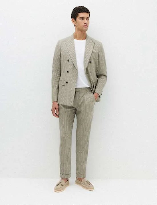 Tailored Fit Italian Performance Linen Blend Pinstripe Suit Trousers