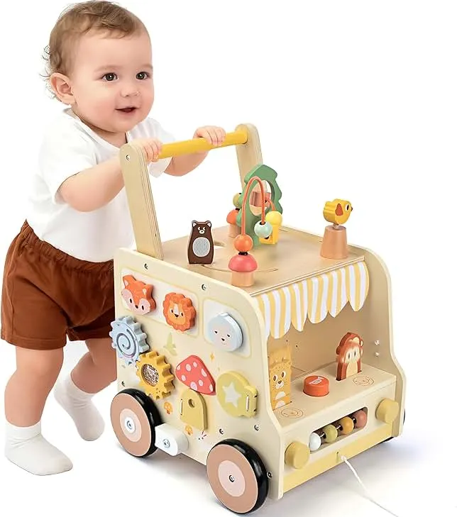 Pithfor Wooden Activity Cube Push Walker, Wooden Baby Walker, Montessori Toys for Babies 10-12 Months 1 2 3 Years Old Boys & Girls, Help Learning to Walk & Sit-to-Stand