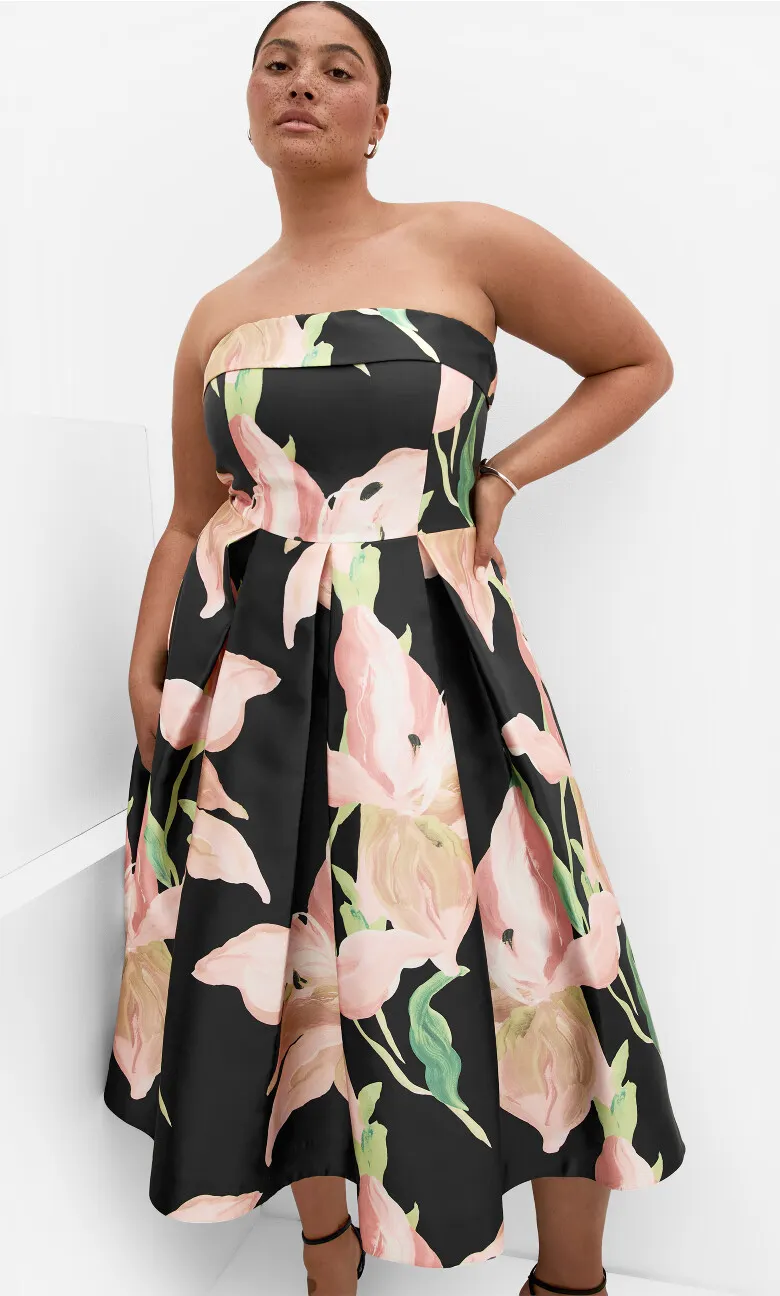 Tiffany Bloom Lily Print Strapless Midi Dress - black