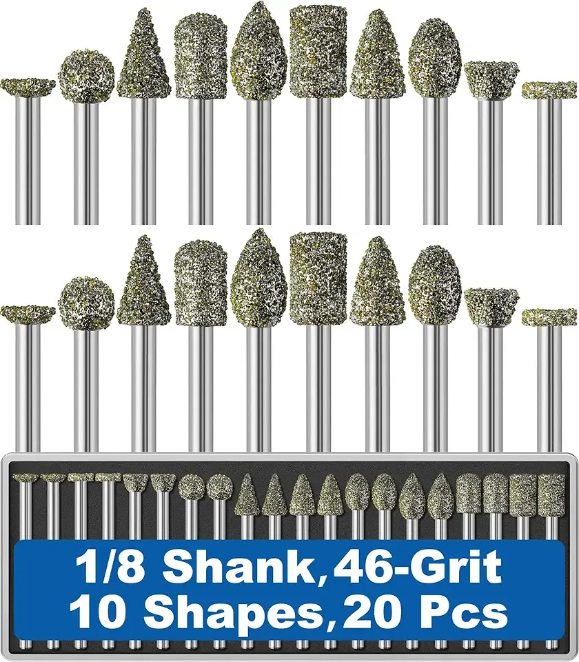 20Pcs 46-Grit Diamond Grinder Bit 1/8" Shank Compatible with Dremel Rotary Tool Attachment Accessories Grinding Burrs for Stone Glass Resin Porcelain Ceramic Quartz Glaze Steel Carve Engrave Polish