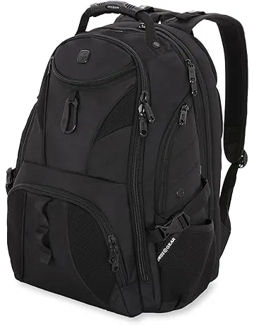 SwissGear 1900 ScanSmart 17” Laptop Backpack Black/Black – Reflective Tech Backpack with ScanSmart Compartment – Multiple Organizer Pockets & RFID Scan Blocking Technology