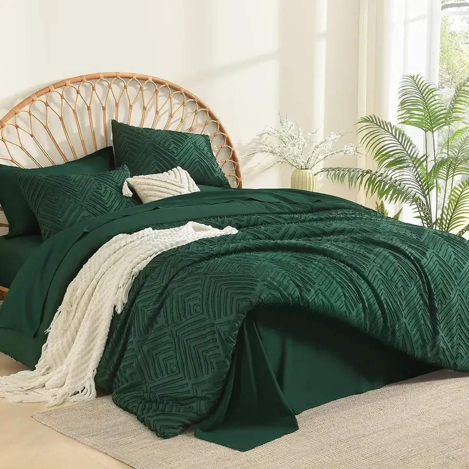 Andency King Size Comforter Set 7 Pieces Dark Emerald Green - Bed in a Bag King Boho Lightweight Fluffy Tufted Bedding Comforter Sets with Quilt Comforter, Sheets, Pillowcases & Shams