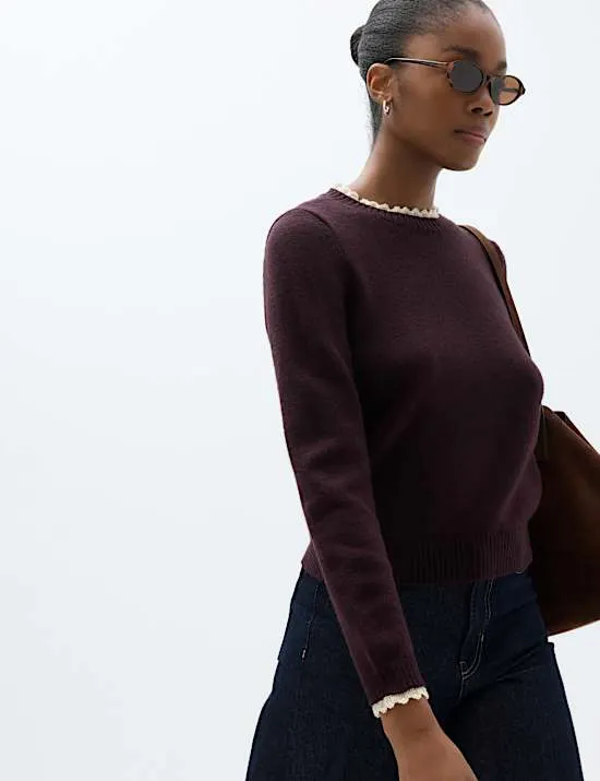 Lace Detail Crew Neck Jumper with Wool