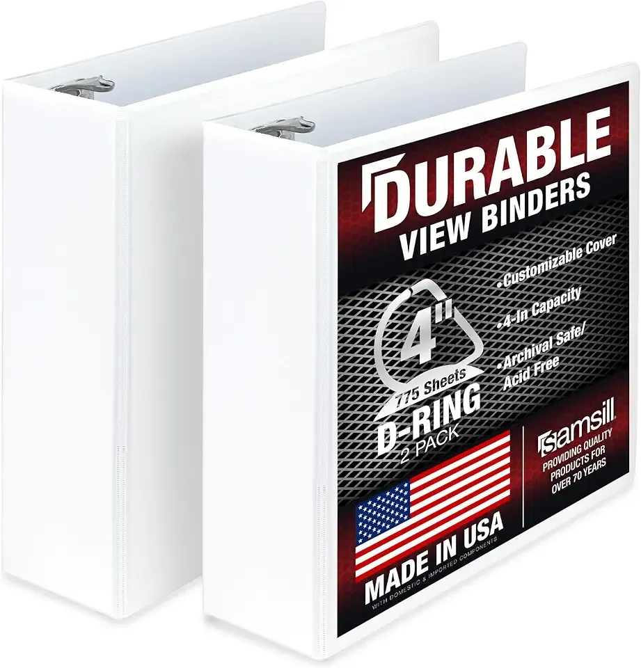 Samsill Durable 4 inch 3 Ring Binder, D Ring Binder, 100% Recycled Chipboard, White, 2 Pack