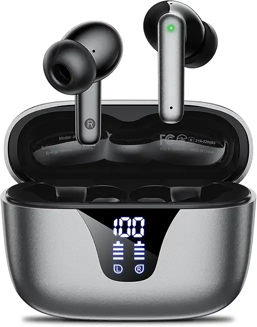 Wireless Earbuds Bluetooth Headphones, 50H Playtime Ear Buds with Mic, LED Digital Display Charging Case, IPX7 Waterproof, Deep Bass Stereo, in-Ear Earphone for iPhone Andriod Phone - Steel