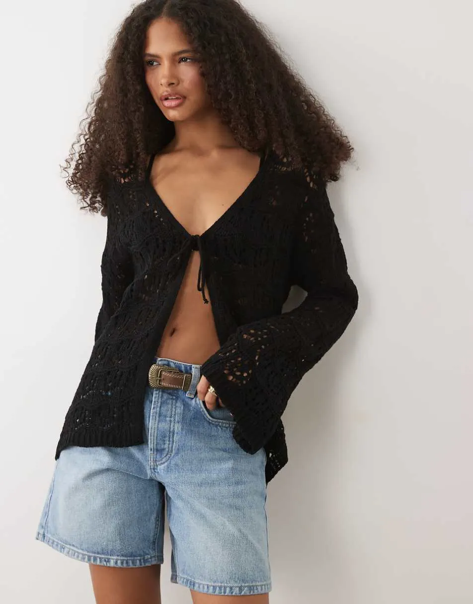 Miss Selfridge tie front boho cardigan in black