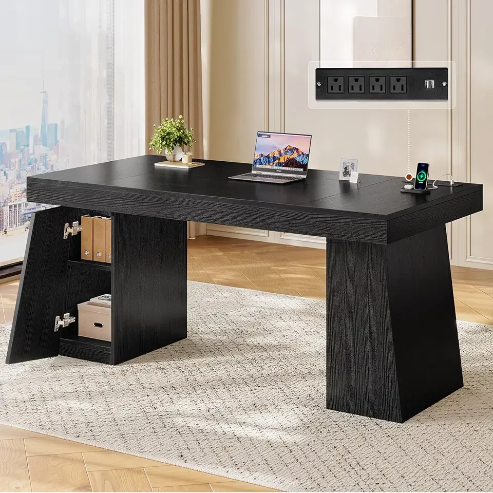 55.9 in Executive Desk with Power Outlets, Modern Home Office Desk with Storage Cabinet, Wood Computer Desk Business Workstation Desk Conference Table, Black (Storage Cabinet)