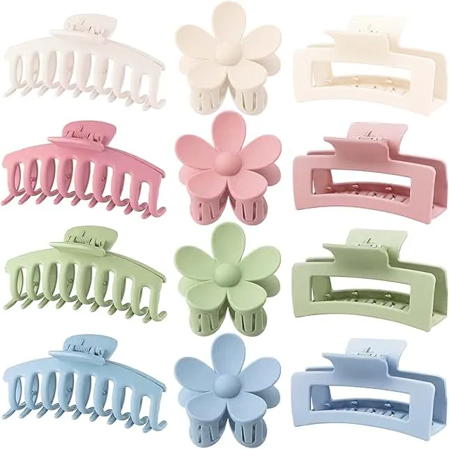 Large Hair Claw Clips 12 Pack, Flower Hair Clips for Thin Hair, Big Square Matte Strong hold for Thick Hair, 3 Styles Hair Clips for Women Thick Hair 4 Colors