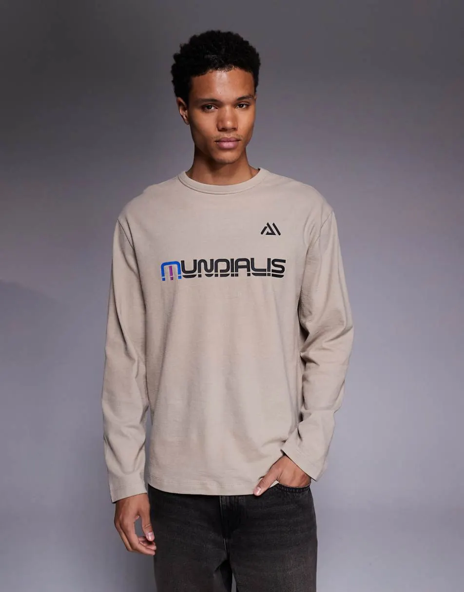 ASOS DESIGN heavyweight relaxed long sleeve t-shirt with football text graphic in beige texture