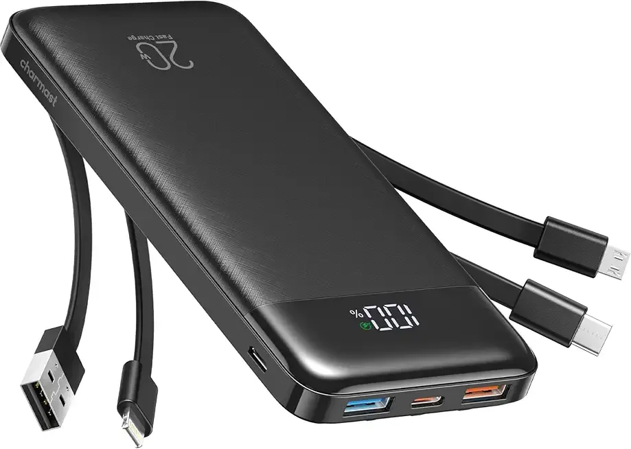charmast 20000mAh Portable Charger with Built in Cables, 22.5W Travel Power Bank Fast Charging, USB C Cell Phone Battery Pack for iPhone 16/15/14/13/12/11 Series, iPad, Samsung, Android, Tablet