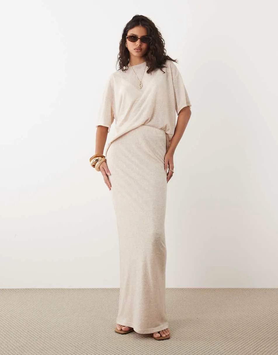 SNDYS fine knit high waisted maxi skirt co-ord in cream marl