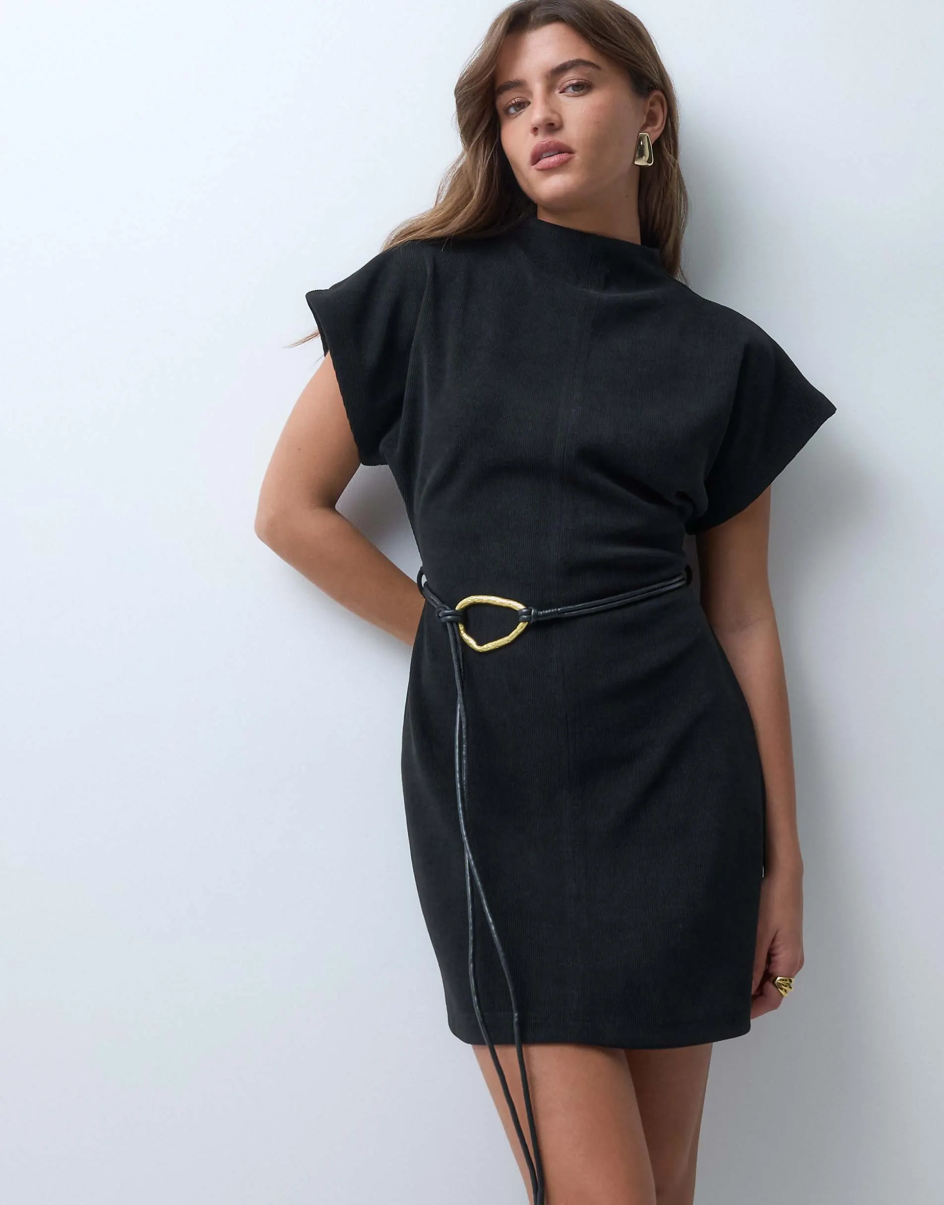ASOS DESIGN soft cord high neck belted mini dress in black