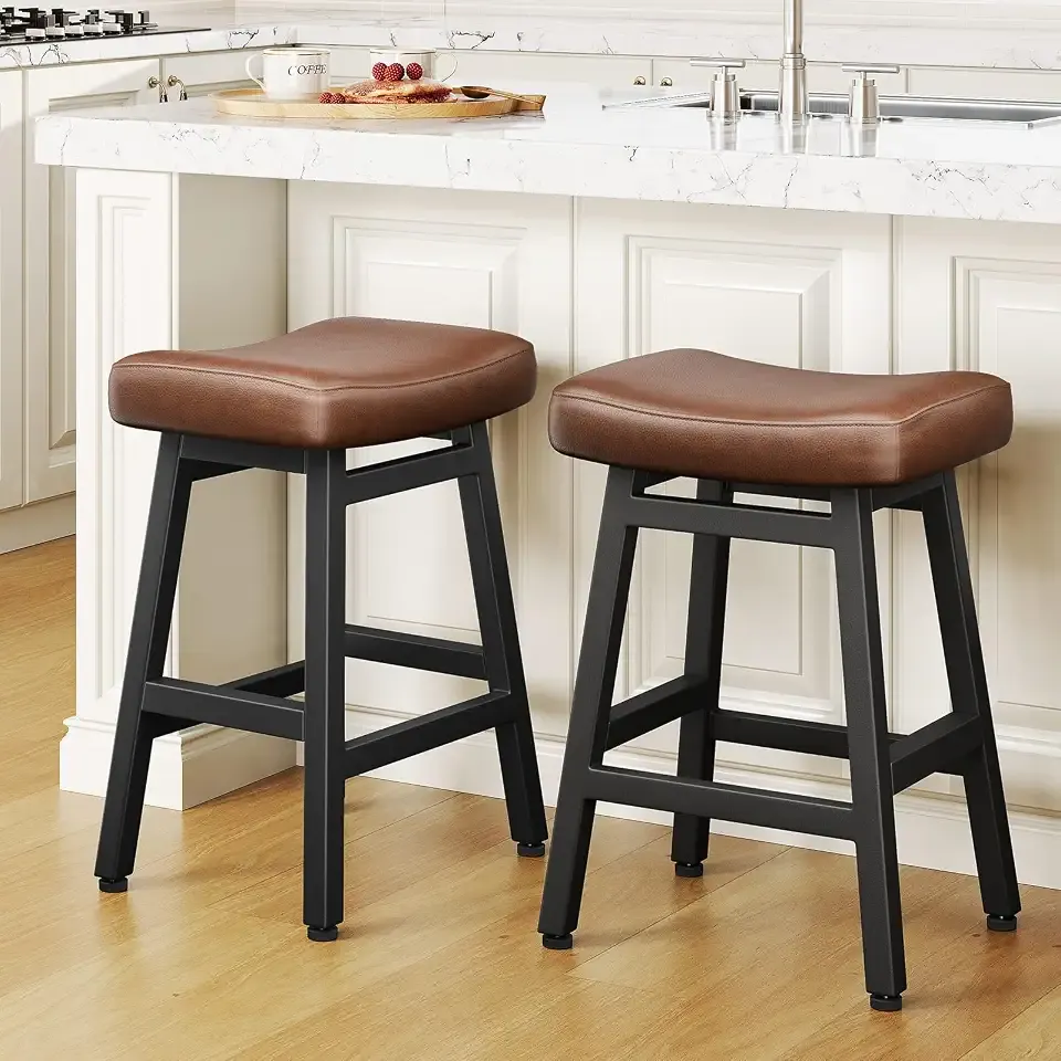 Raynesys 24 Inche Bonded Leather Counter Height Bar Stools Set of 2 Curved | Barstools with Curved Bonded Leather Seats & Heavy Duty Metal Legs for Kitchen Counter, Easy Assembly, Brown/Black