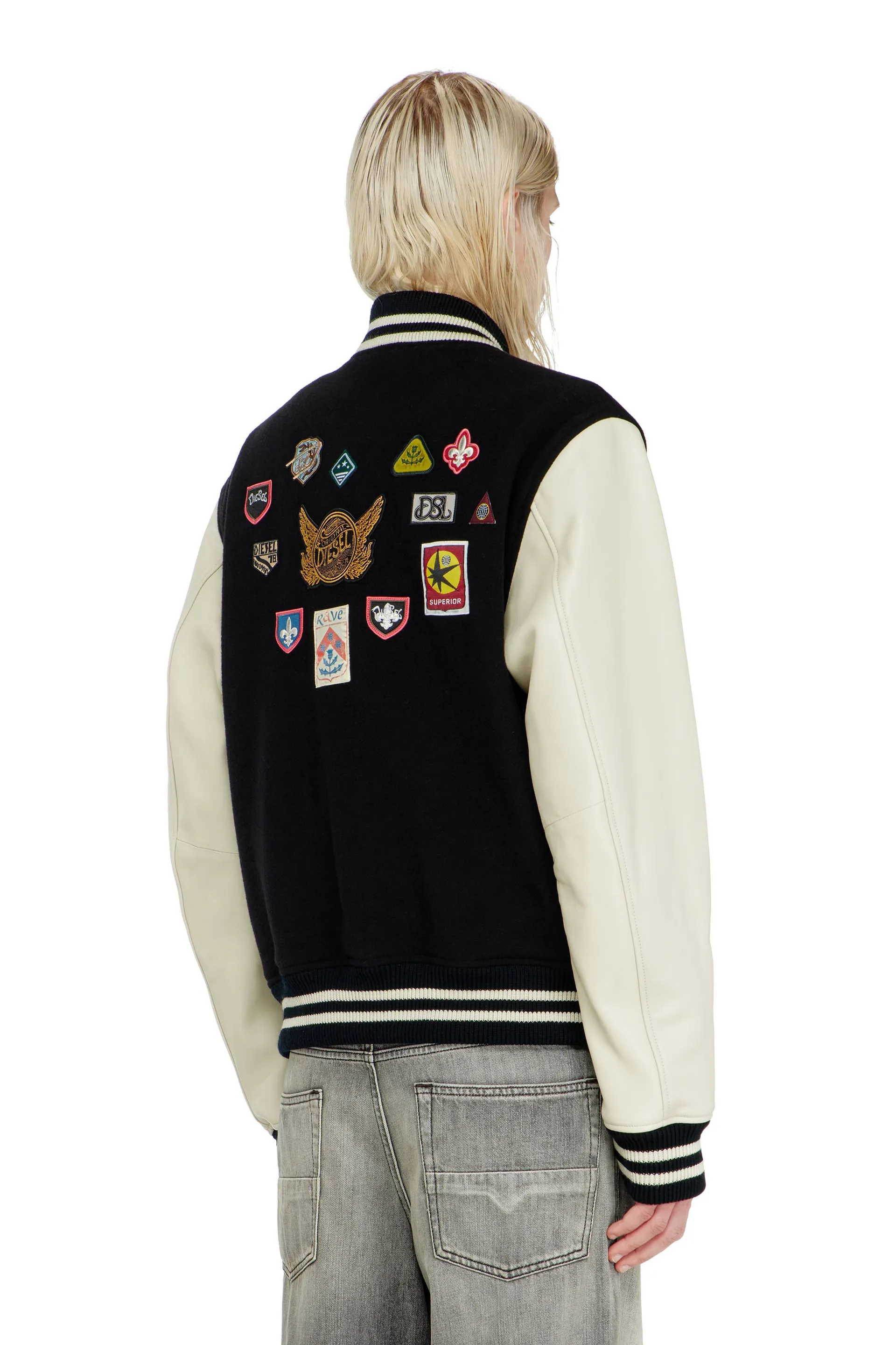 Wool and leather bomber jacket with patches