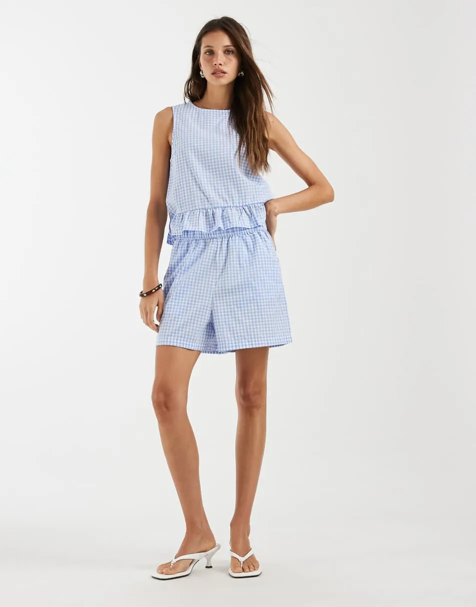 Pieces high waisted shorts co-ord in blue and white gingham