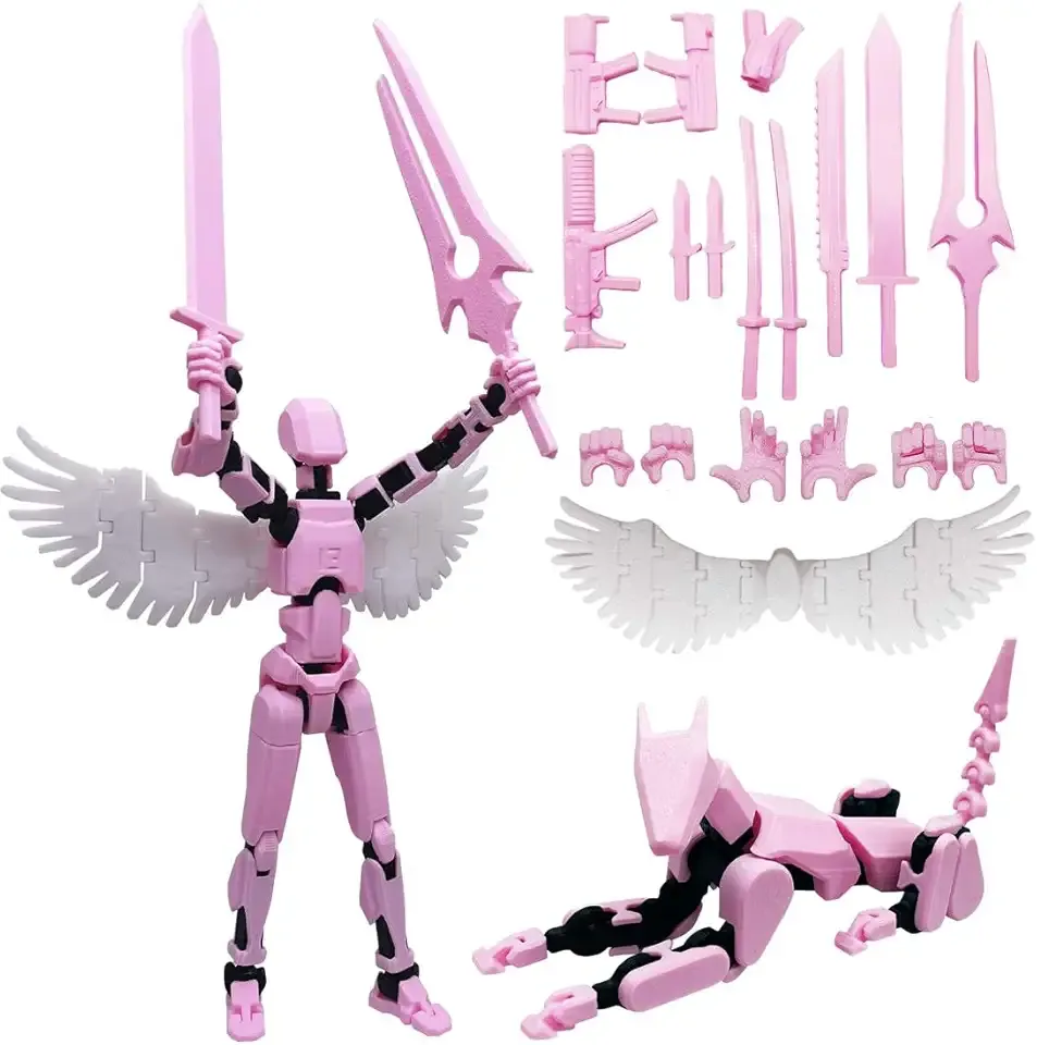 T13 3D Action Figures Set Titan 13 Action Figure Dummy 3D Printed Robo Multi-Jointed Movable Toy with Full Articulation for Collectors Desktop (Assembly Completed Pink Black Figure + Dog)