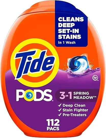 Tide PODS laundry detergent pacs, 3-in-1 Stain Remover, Odor Fighter, Color Protector, 112 Count, HE compatible, Spring Meadow Scent Tide PODS laundry detergent pacs, 3-in-1 Stain Remover,…