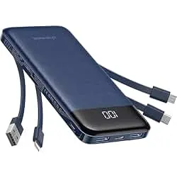 charmast Portable Charger with Built in Cables, Power Bank with Cords Wires, Slim 10000mAh Travel Battery Pack 6 Outputs 3 Inputs 3A Fast Charging for Samsung Google Pixel LG Moto iPhone iPad