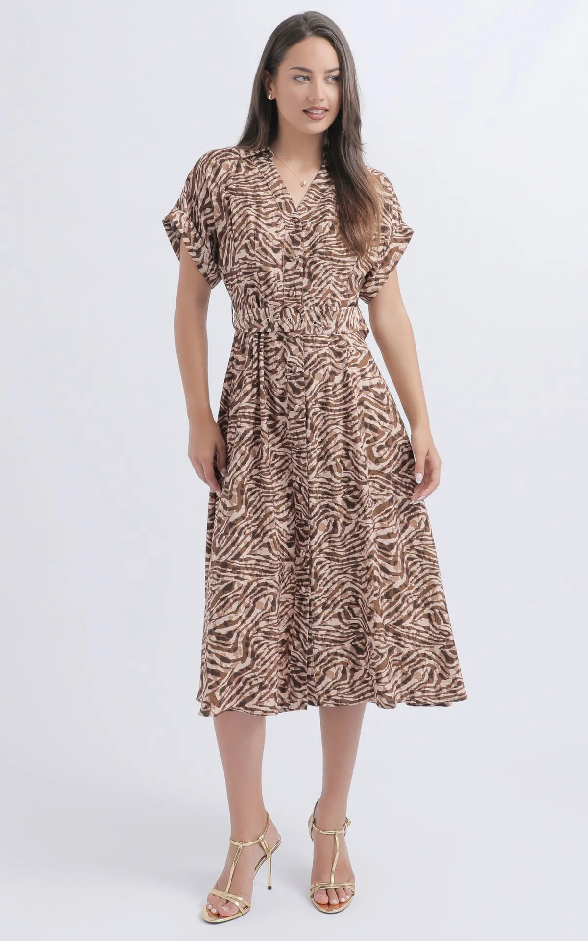 Voile Roll Cuff Belted Shirt Dress