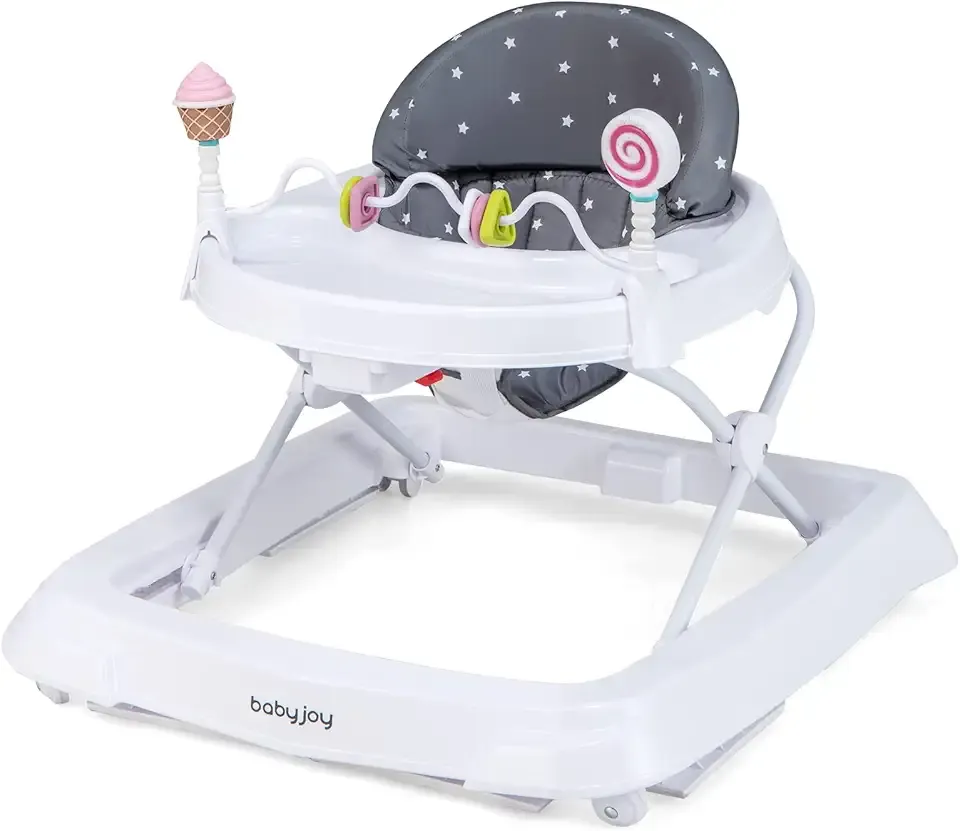 BABY JOY Baby Walker, Foldable Activity Walker with Adjustable Height, Large Tray & Removable Toys, Baby Walker with Wheels for Boys Girls 6-18 Months (Gray, Star Pattern)