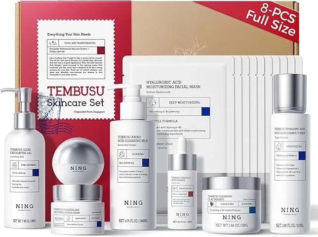 NING DERMOLOGIE Korean Skin Care Set Anti Aging: 8-Step Tembusu Essence Skincare Gift Set for Women - Complete Facial Care Kit for Cleansing, Exfoliating, Masking & Moisturizing
