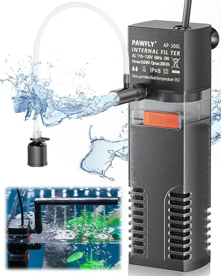 Pawfly Internal Aquarium Filter, Submersible Power Filter with 55 GPH Water Pump for 3 to 10 Gallon Fish Tanks Filtration Circulation and Oxygenation
