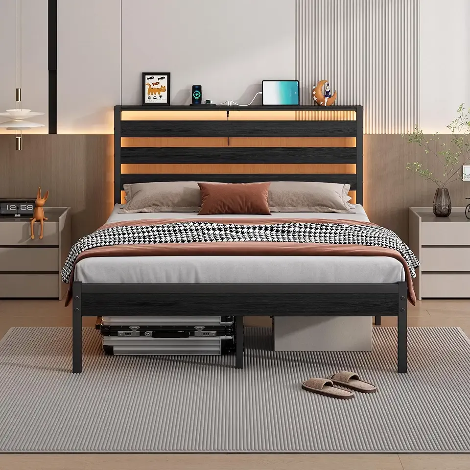 CLIBFENG 14 Inch Classic Metal Platform Bed Frame-Full Size Bed Frame with Headboard,Steel Slats Support-LED Bed Frame with USB Charging Station,Under Bed Storage,No Box Spring Needed,Noise Free