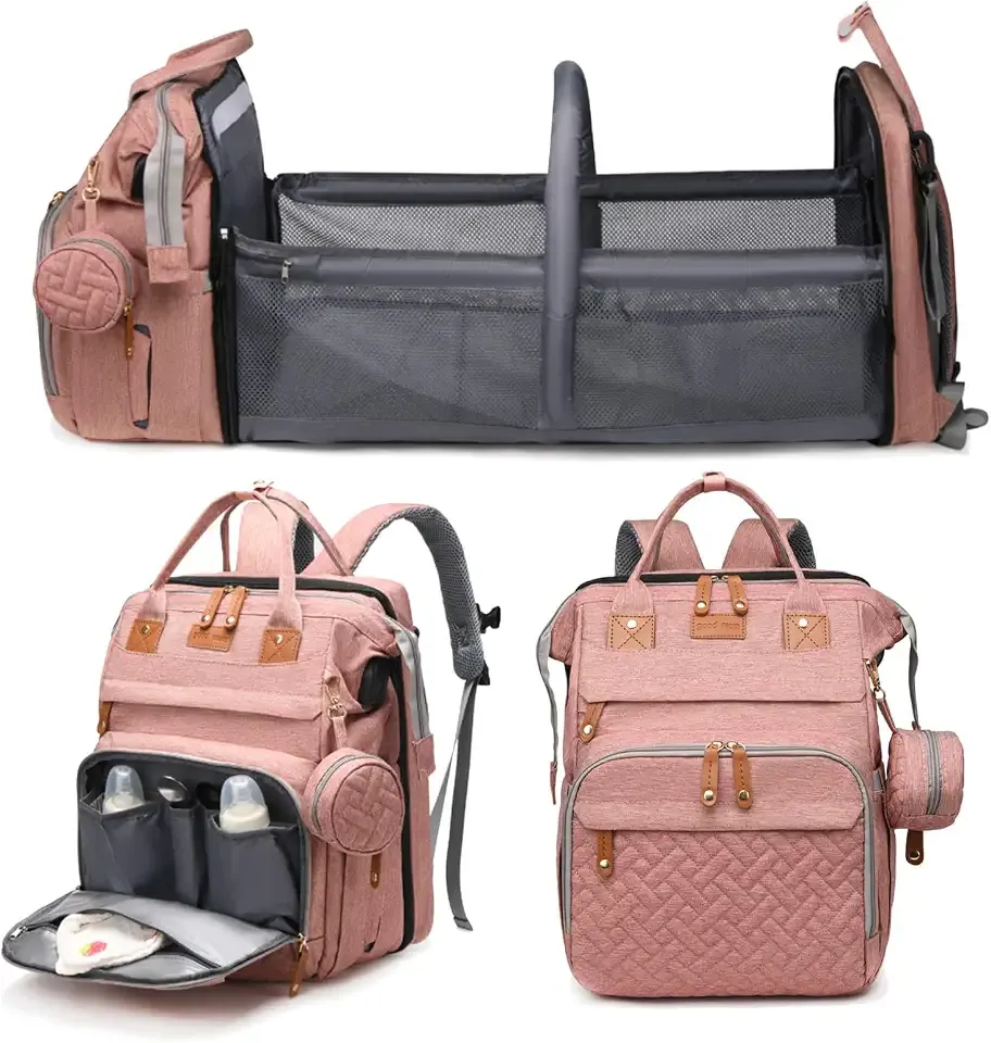 Jeryswet Baby Diaper Bags with Changing Station, Waterproof Large Capacity Diaper Bag Backpack for Moms Dads with USB Charging Port and Stroller Straps, Baby Shower Gifts, Pink