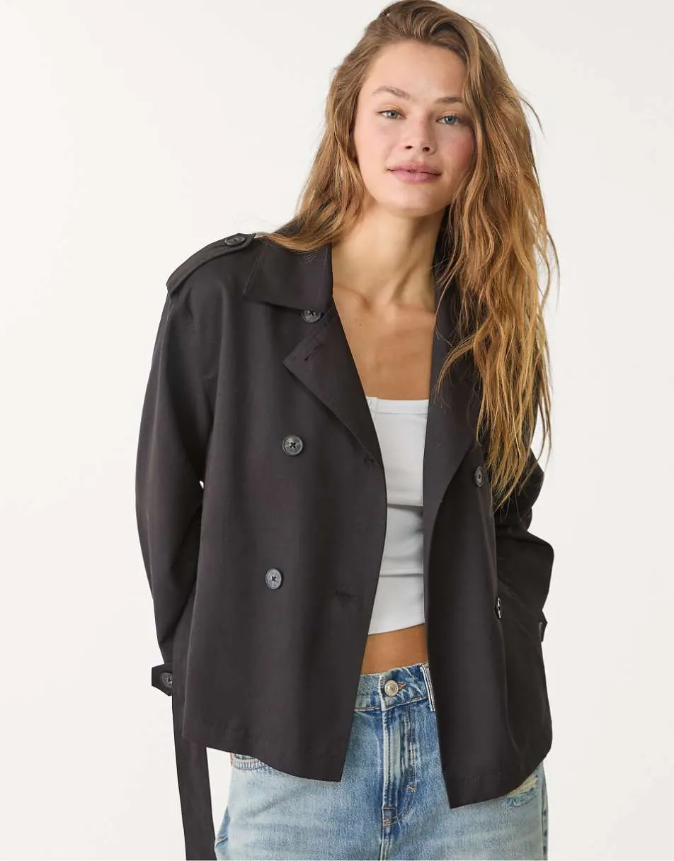 Stradivarius cropped trench coat with belt in black