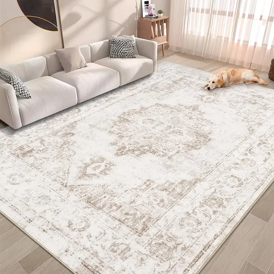 Area Rug 6x9 Vintage Rug: Washable Indoor Medallion Rugs Low Pile Distressed Floor Carpet Retro Accent Rug for Living Room Bedroom Kitchen Dining Table Home Office(Beige, 6'x9')