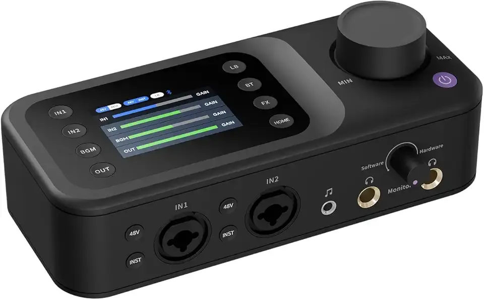 NearStream Audio Interface with Pro Preamp, Dual XLR/6.35mm Inputs, 48V Phantom, Dual Monitoring, 10 Channels, LCD Screen, Loopback, Reverb, Compact Audio Mixer for Podcast/Stream/Music/Game (AMIX40U)