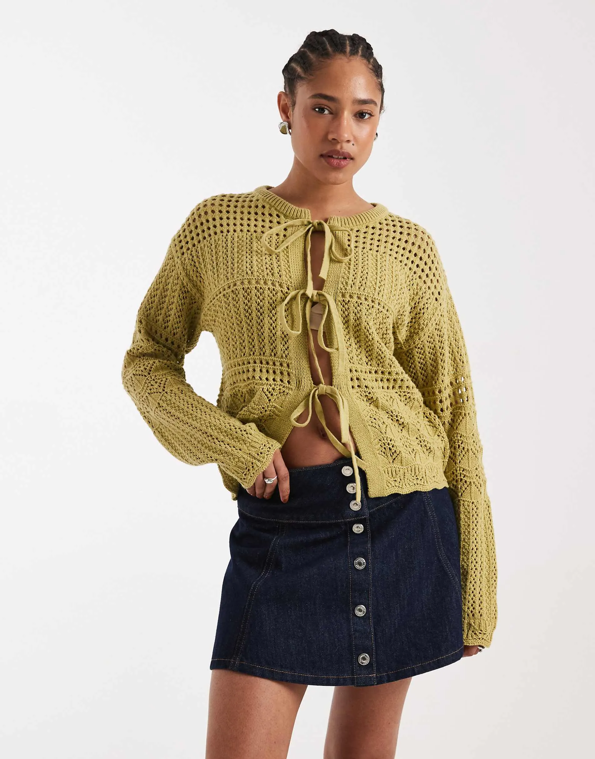 New Look tie front cardigan in green