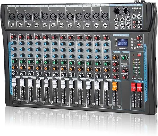 SIKUING 12 Channel Audio Interfacer Sound Board Mixer DJ Mixer 16-Bit DSP Effect USB Audio Mixer +48V Phantom Power Bluetooth Mixer for Karaoke Studio Streaming Recording,Live Streaming