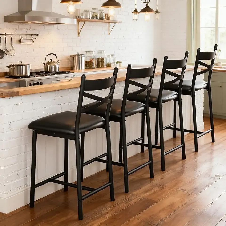 IDEALHOUSE 26" Bar Stools Set of 4, Counter Height Barstools with Back | Upholstered Bar Chairs Counter Height Dining Set for Kitchen Island Dining Room Apartment & Bar Thick Cushion Leather,Black