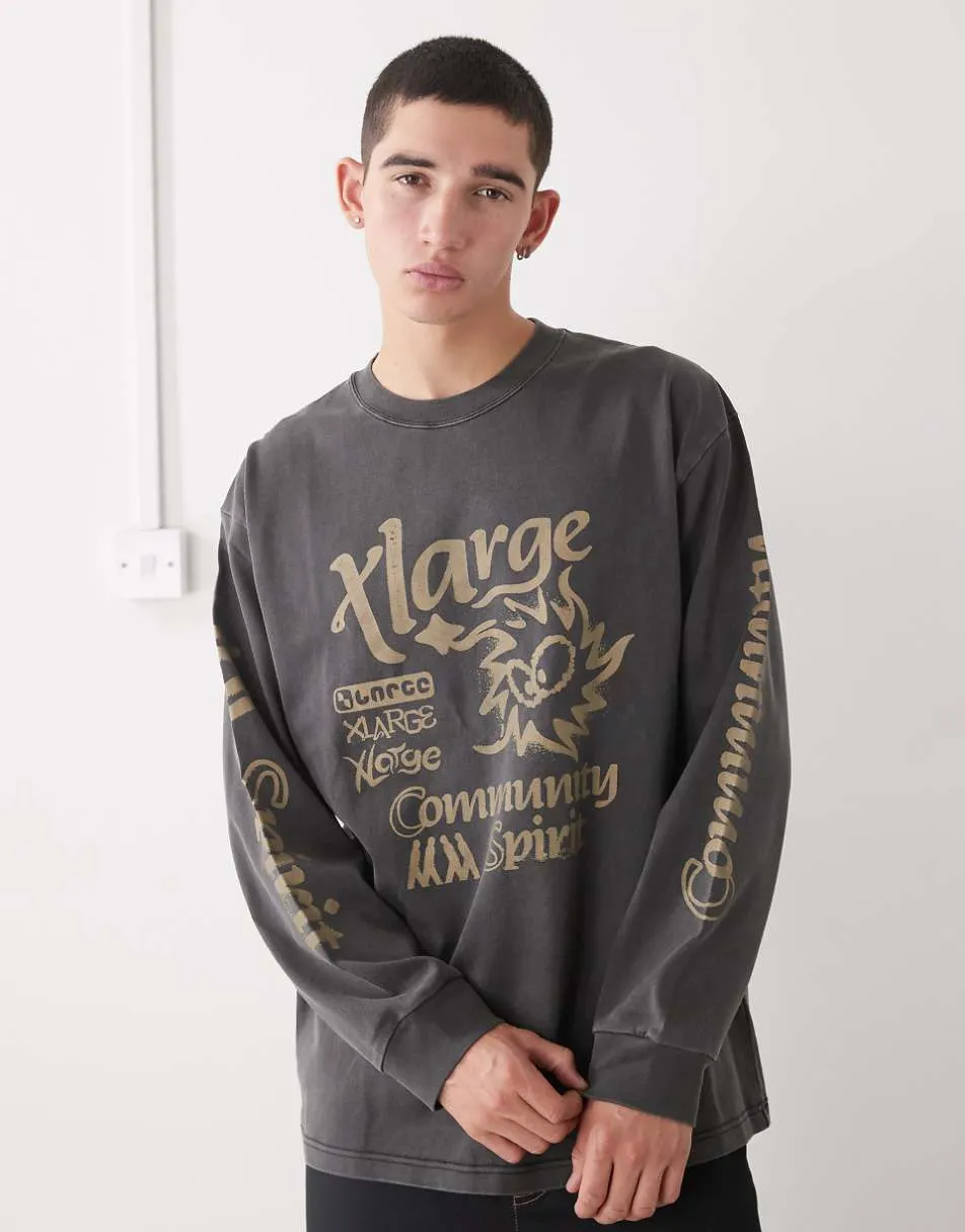 XLarge long sleeve graphic logo pigment dyed t-shirt in black wash