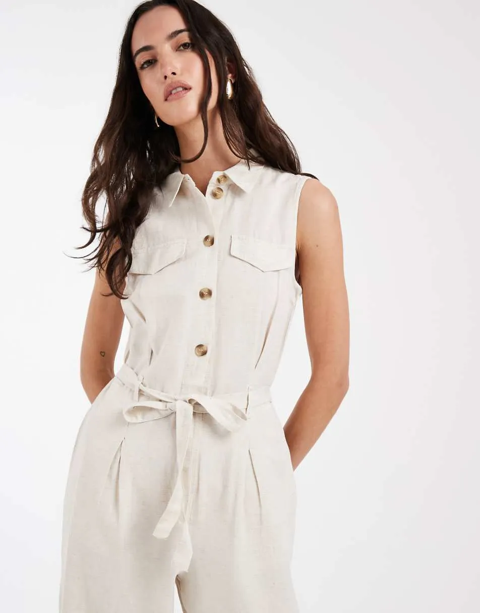Vero Moda linen look utility style tie waist jumpsuit in cream