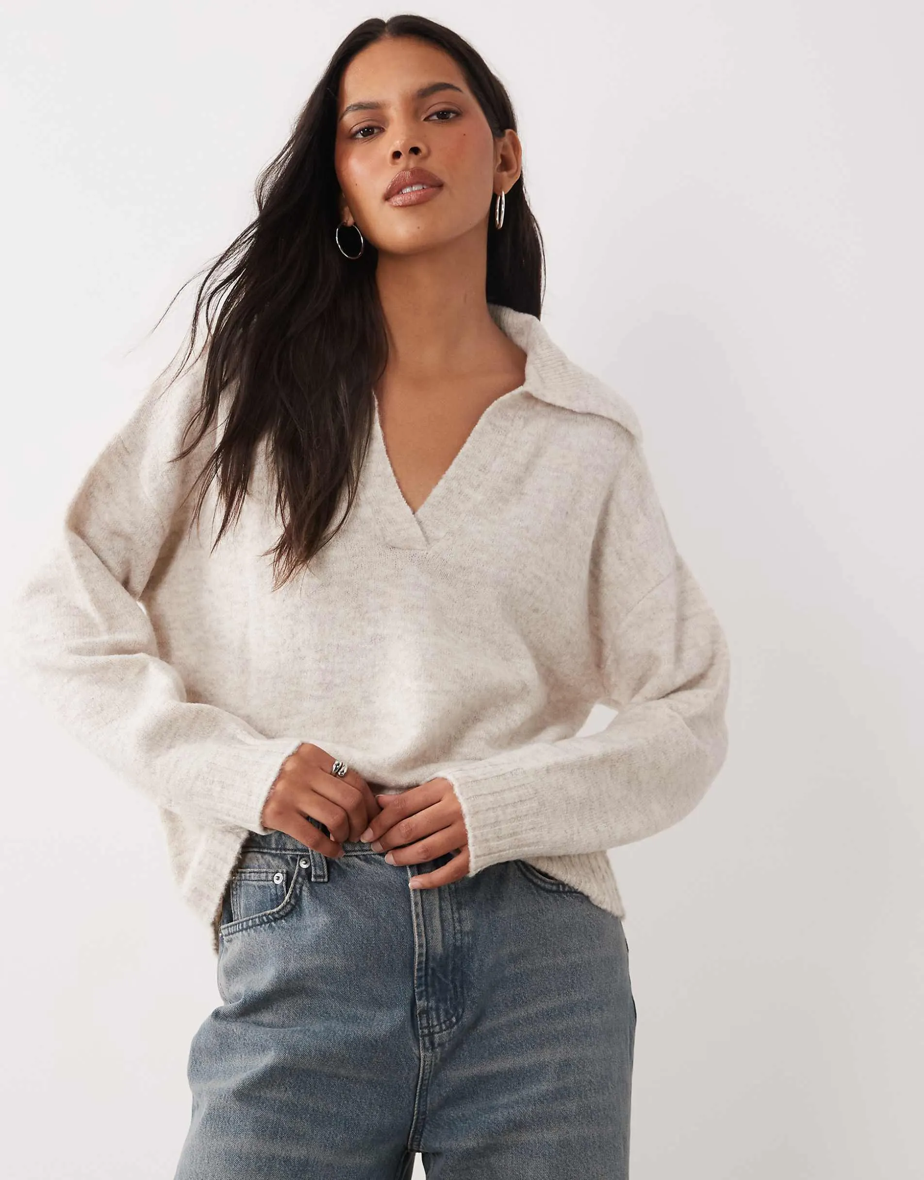 Brave Soul trophy neck knitted jumper in oat
