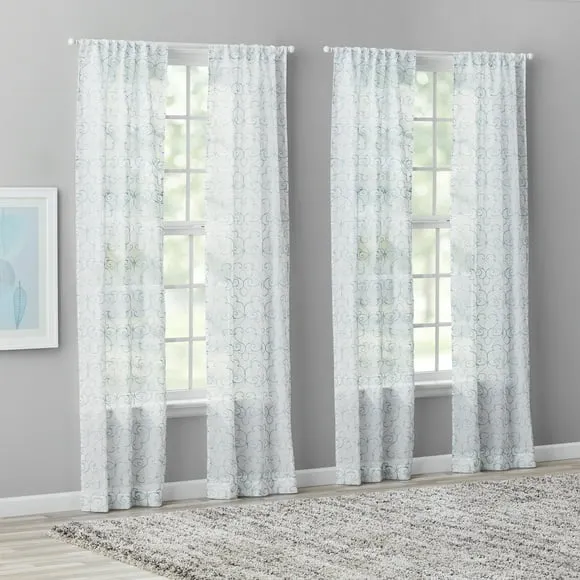 Mainstays Modern Scroll Rod Pocket Sheer Curtains, Set of 4, Aqua, 28" W x 84" L