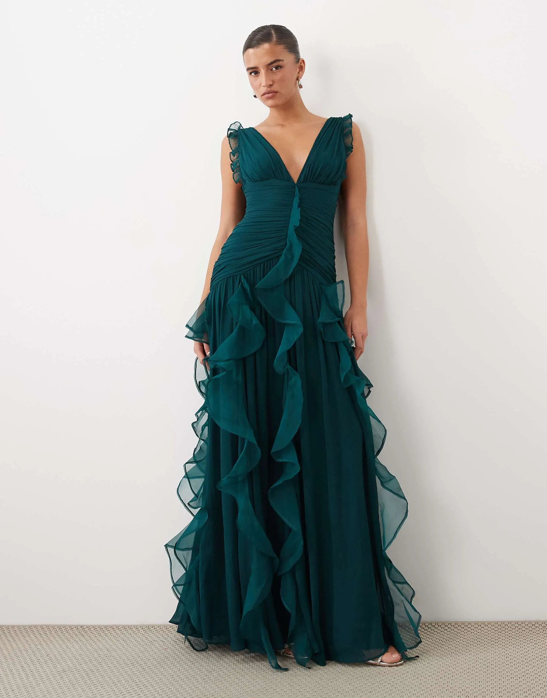 ASOS LUXE ruched maxi dress with waterfall detail in dark green