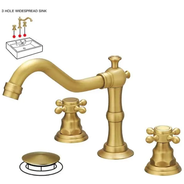 BWE 8 in.​ Widespread Double-​Handle Black Bathroom Faucet 3-​Holes Vanity Sink Water-​Saving with Metal Drain in Antique Brass