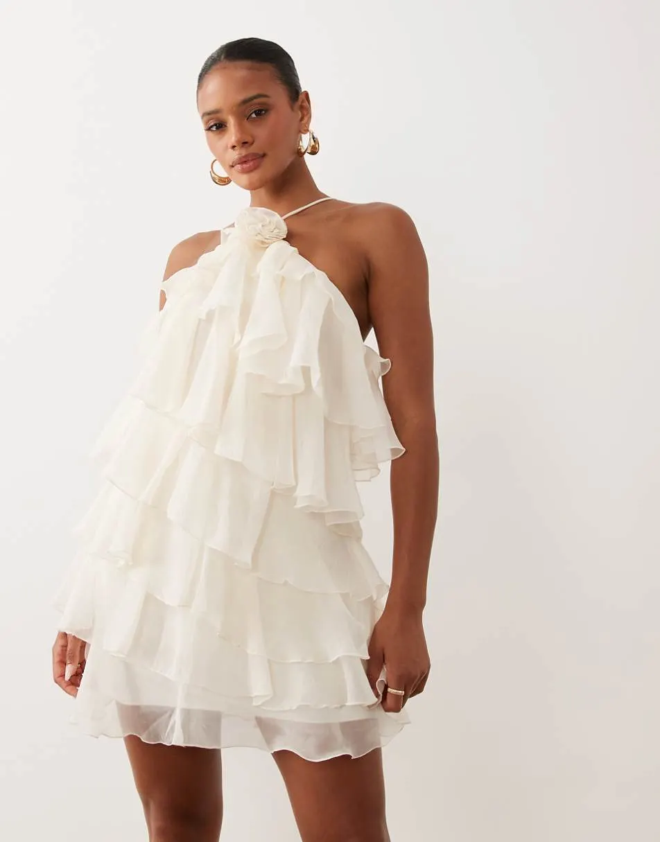 Gina Tricot mini frill halterneck mini dress with rose corsage in off white