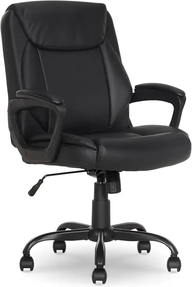 Amazon Basics Classic Puresoft PU Padded Mid-Back Office Desk Chair with Armrest, Easy Assembly, Sturdy Metal Base, Wheels, 275lb Support, 26"D x 23.75"W x 42"H, Black