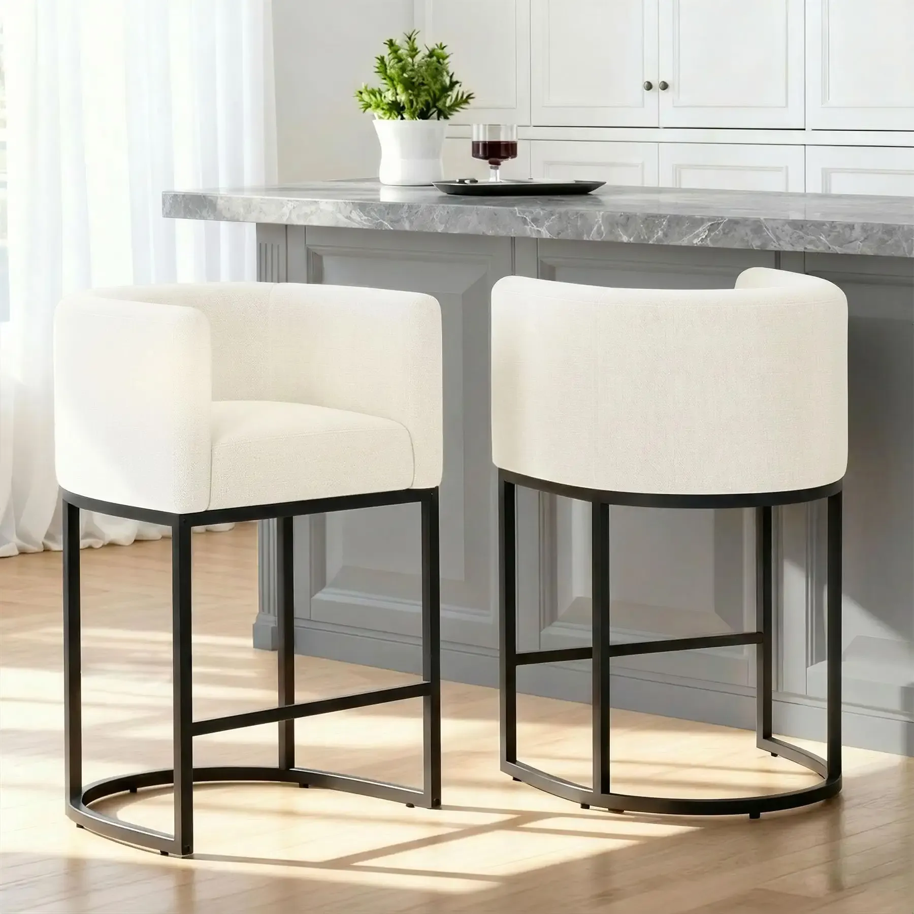 Counter Height Bar Stools Set of 2, 30" H Barstools for 40–42" High Bar Tops, Upholstered Barrel Back Stools with Arms, Tall Linen Kitchen Island Chairs with Black Metal Legs, Beige White