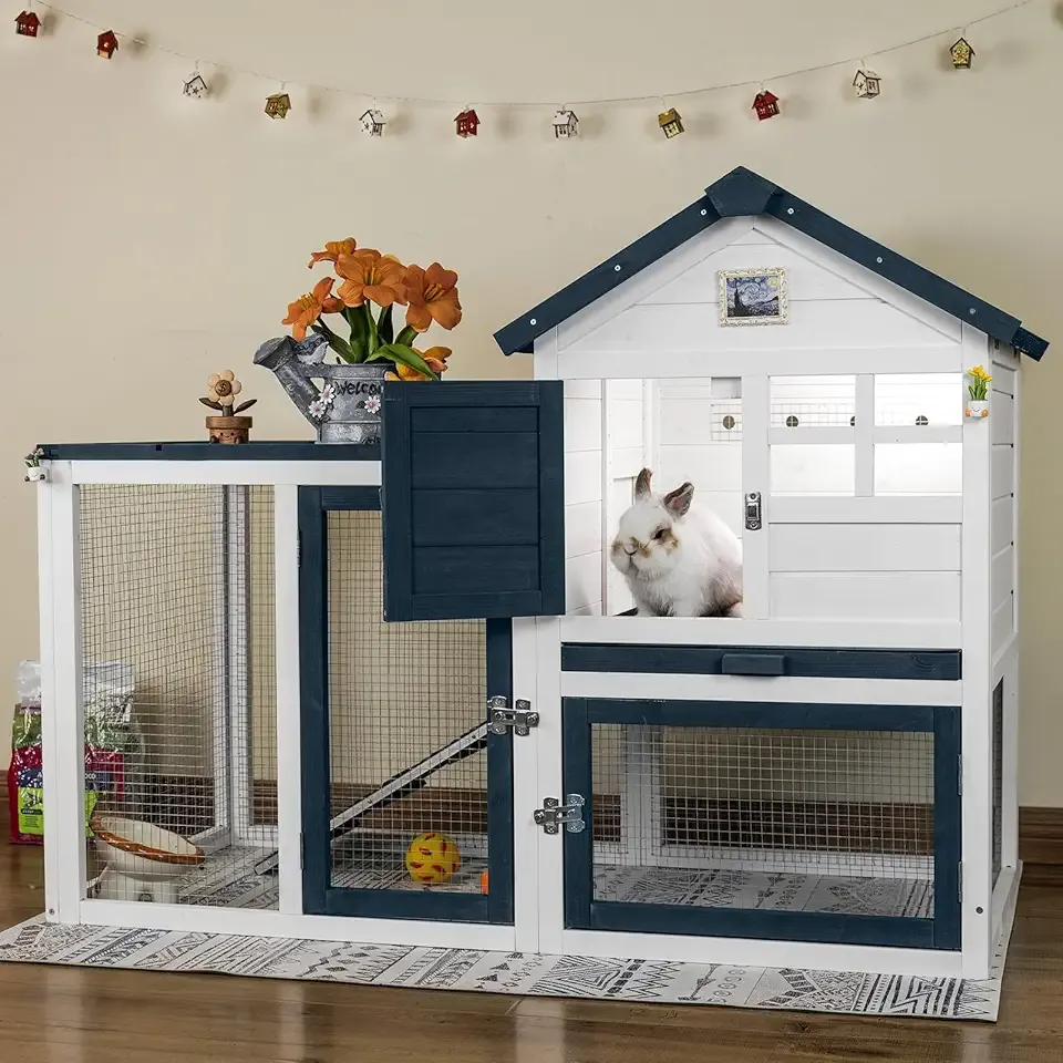 FunXplore Bunny Hutch Indoor Outdoor Rabbit Cage Chicken Coop Animal House with Wire Floor Above Pull-Out Tray, Chew-Resistant Ramp & Entrance, Openable Waterproof Roof & UV-Resistant Roof
