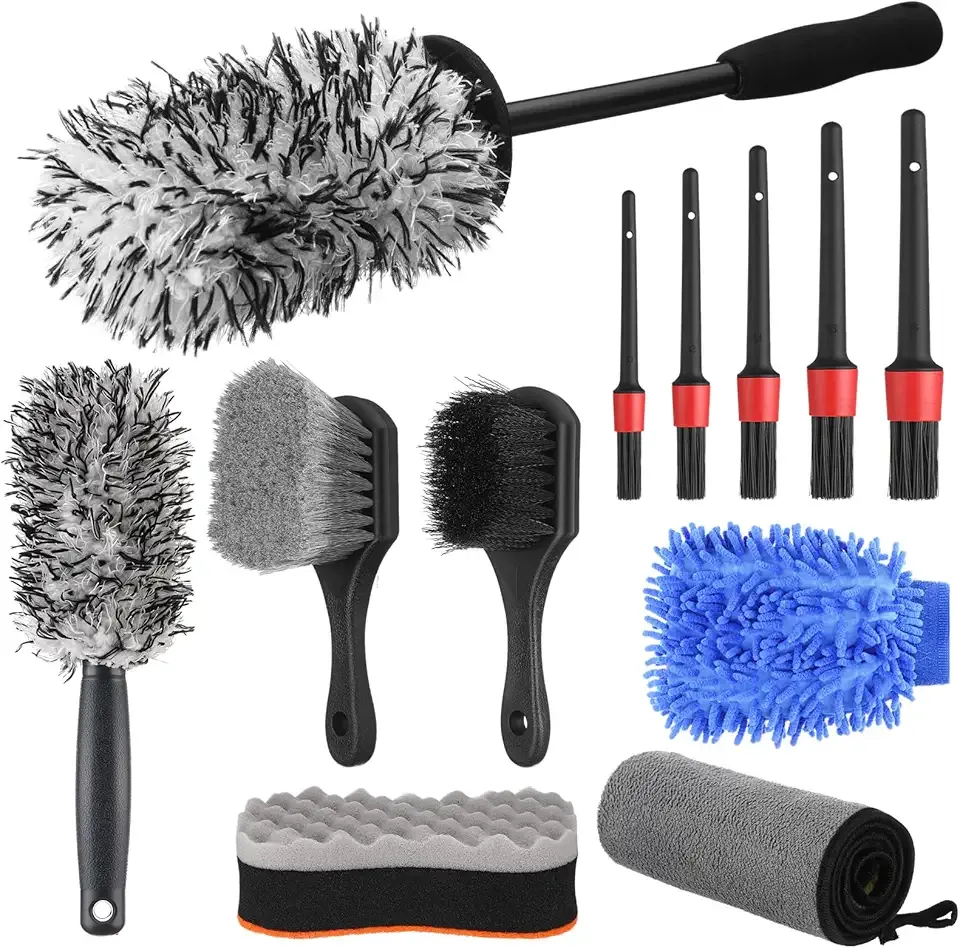 12 Pcs Car Wheel & Tire Brushes Kit, Tire Brush, Soft-bristled Rim Brush, Microfiber Flat Wheel Cleaning Tool, Drying Towel, Wash Mitt, Detailing Cleaning Wash Brushes, Applicator Pad Set