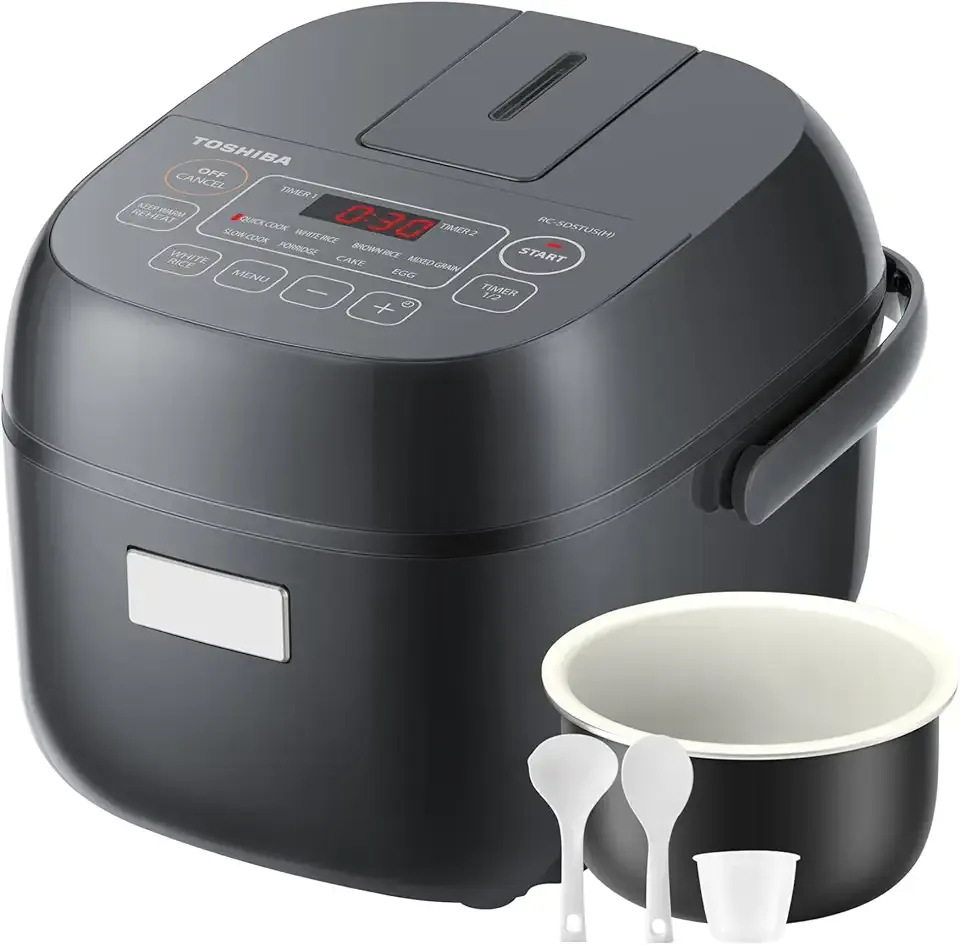 TOSHIBA Rice Cooker Small 3-Cup Uncooked– LCD Display with 8 Cooking Functions: Rice, Oatmeal, Mixed Grains and More, NonStick Inner Pot, Grey